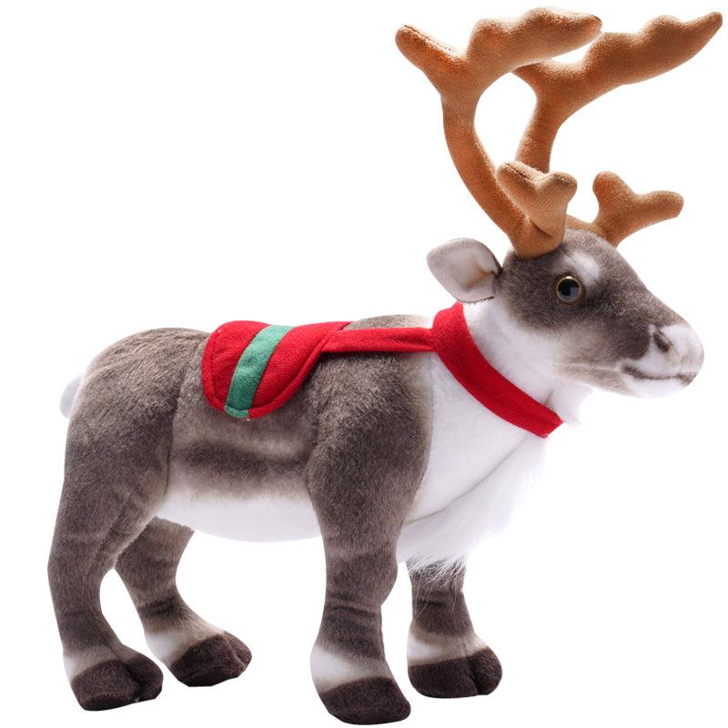 Festive plush reindeer set featuring two reindeer stacked playfully, displayed in a holiday-themed setting with decorations and gifts.
