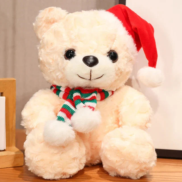 Adorable plush bear set wearing festive hats and scarves, perfect for holiday decorations or as cuddly gifts, displayed on a table with a cozy setup.