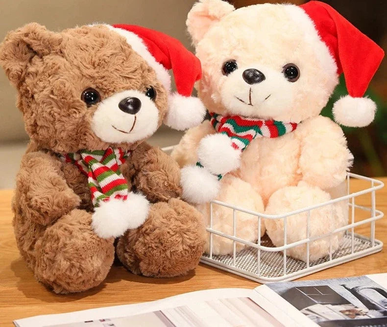 Adorable plush bear set wearing festive hats and scarves, perfect for holiday decorations or as cuddly gifts, displayed on a table with a cozy setup.