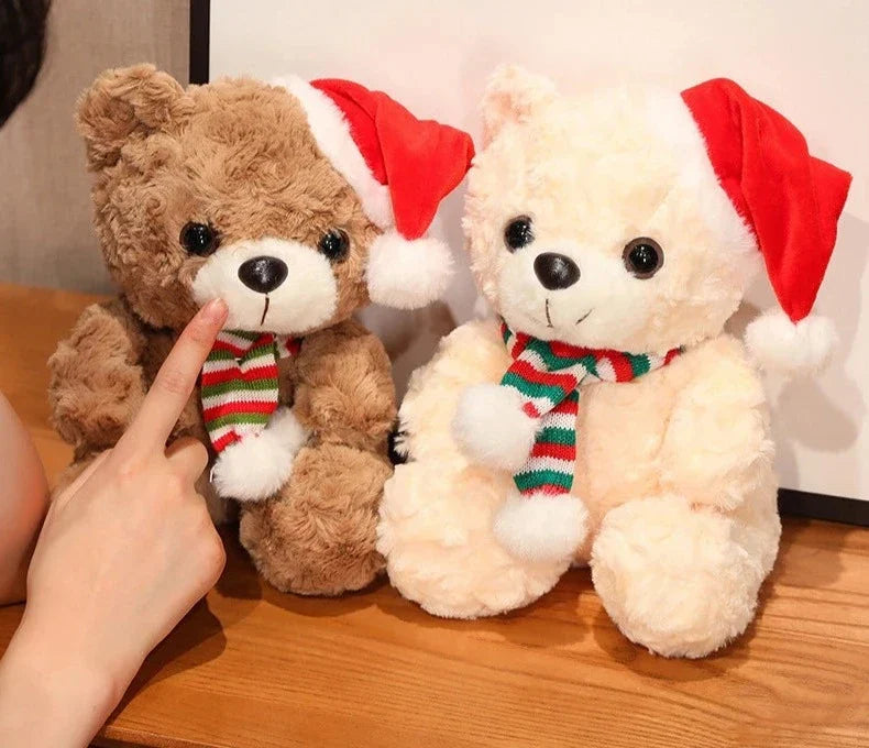 Adorable plush bear set wearing festive hats and scarves, perfect for holiday decorations or as cuddly gifts, displayed on a table with a cozy setup.