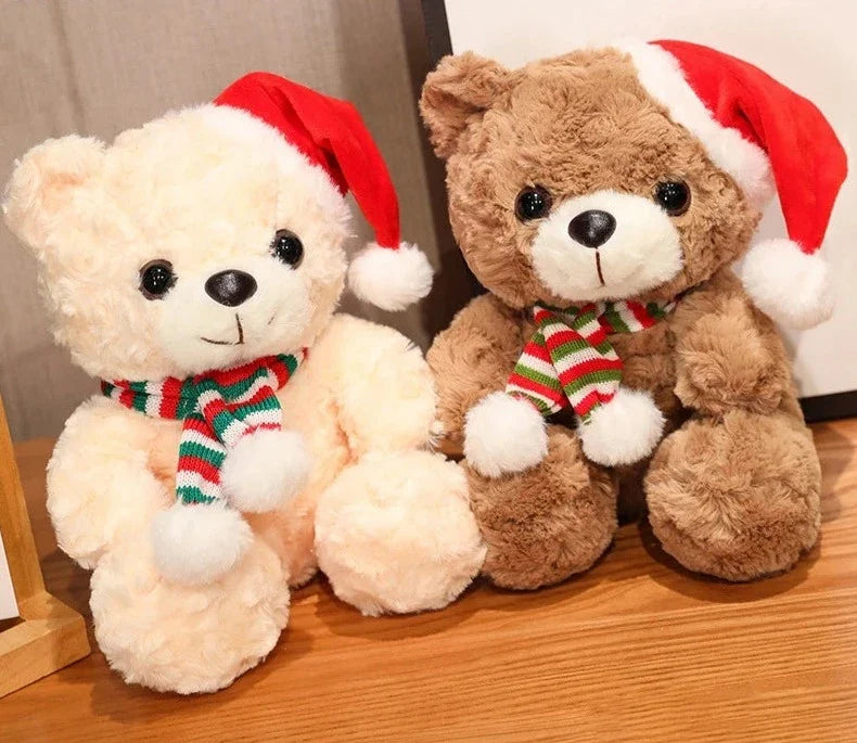 Adorable plush bear set wearing festive hats and scarves, perfect for holiday decorations or as cuddly gifts, displayed on a table with a cozy setup.