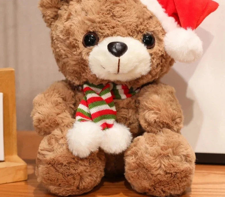 Adorable plush bear set wearing festive hats and scarves, perfect for holiday decorations or as cuddly gifts, displayed on a table with a cozy setup.
