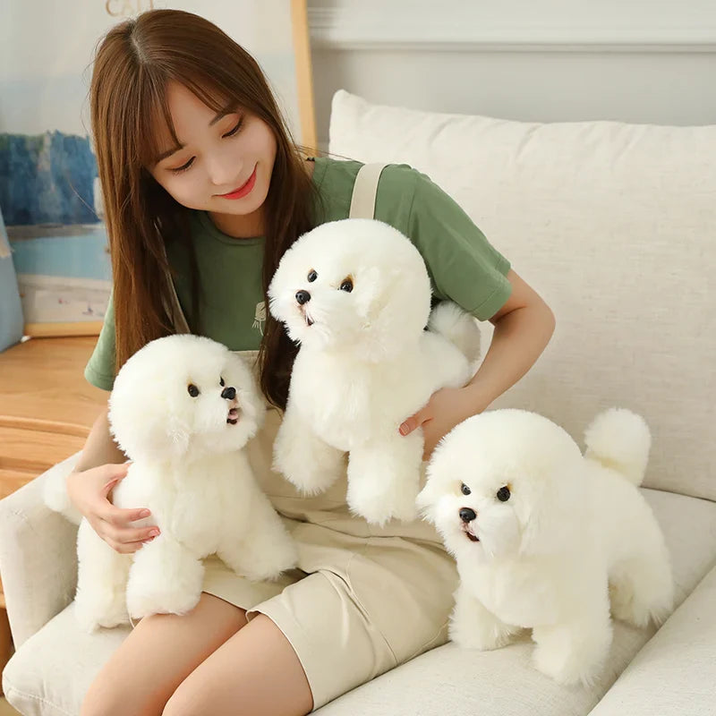A plush dog toy with a realistic design, featuring lifelike details and a soft, huggable texture, perfect for cuddling, playtime, or as a decorative piece for dog lovers.