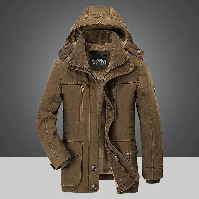Men's insulated hooded jacket featuring a stylish design with a warm inner lining and multiple functional pockets, ideal for winter wear and outdoor adventures.