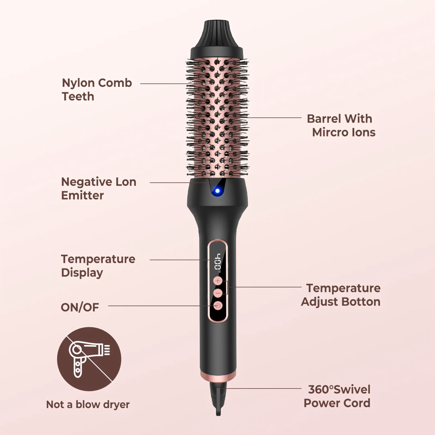 Brosse chauffée chauffée professionnelle - brosse chaude rond thermique pour boucles volumineuses et style sans frisottis | Chauffage anti-calcule et rapide