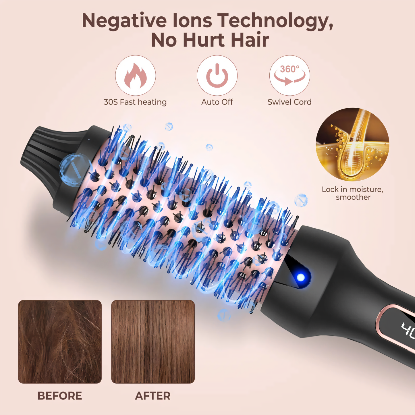 Brosse chauffée chauffée professionnelle - brosse chaude rond thermique pour boucles volumineuses et style sans frisottis | Chauffage anti-calcule et rapide