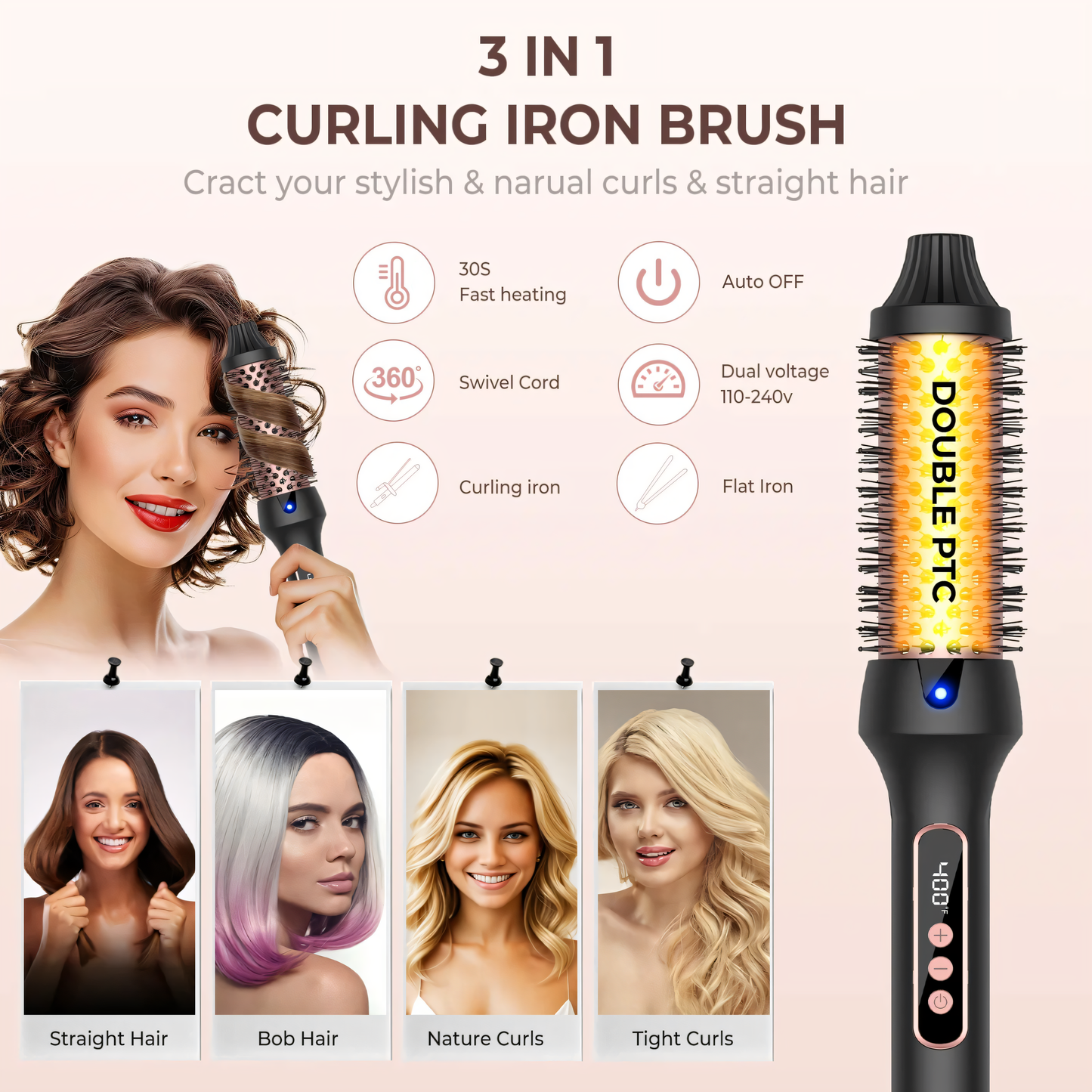 Brosse chauffée chauffée professionnelle - brosse chaude rond thermique pour boucles volumineuses et style sans frisottis | Chauffage anti-calcule et rapide