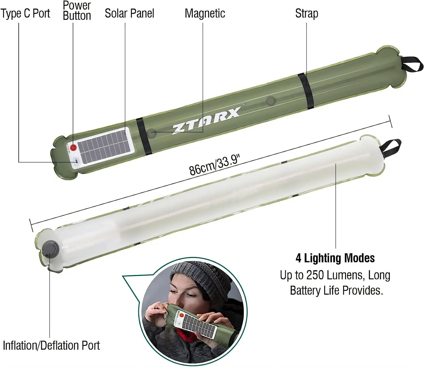 Lumière de camping solaire portable - IPX7 imperméable, gonflable et pliable, batterie de 2000mAh pour la tente, la piscine et la fête (60-86 cm)