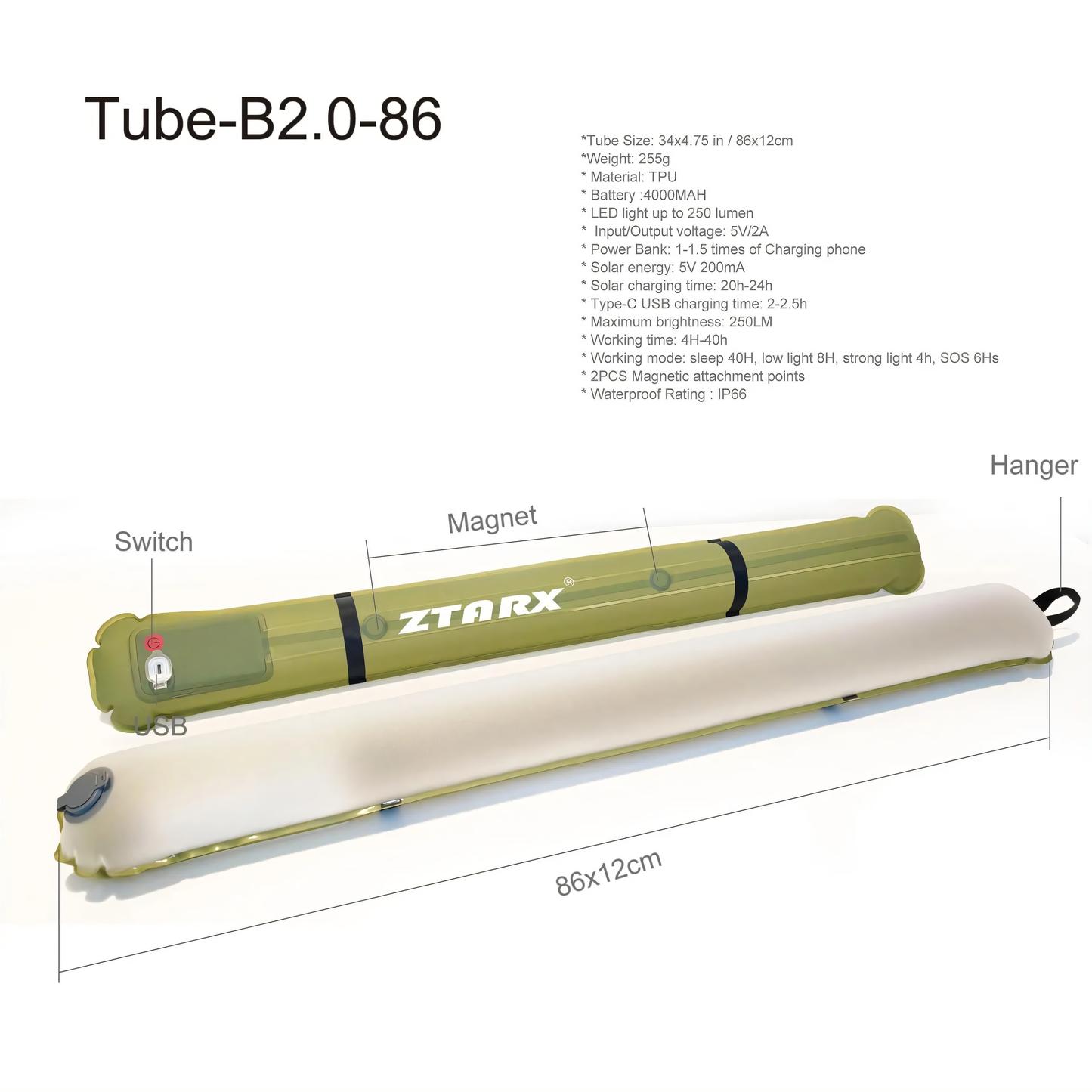 Lumière de camping solaire portable - IPX7 imperméable, gonflable et pliable, batterie de 2000mAh pour la tente, la piscine et la fête (60-86 cm)