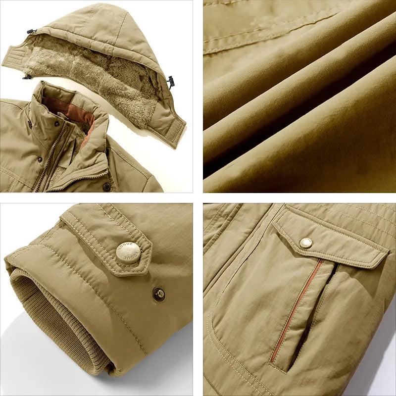 A men's insulated jacket with a durable design, featuring multiple pockets, a warm hood, and sturdy construction for outdoor adventures and cold-weather protection.