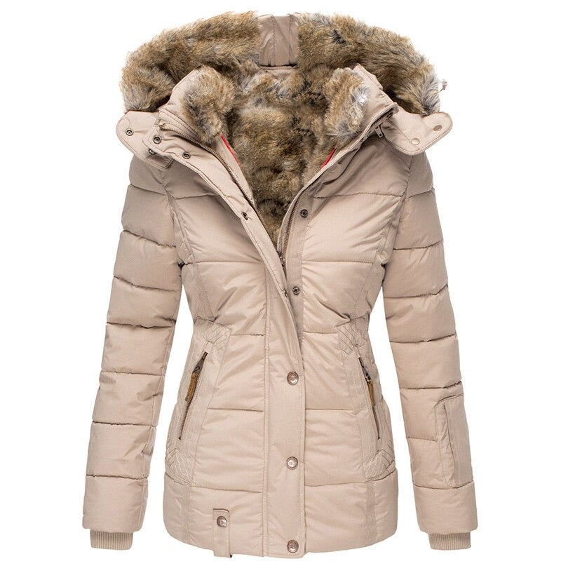A women's insulated winter jacket featuring a functional design with a fur-lined hood, multiple pockets, and a flattering fit, ideal for cold-weather protection and stylish outdoor wear.
