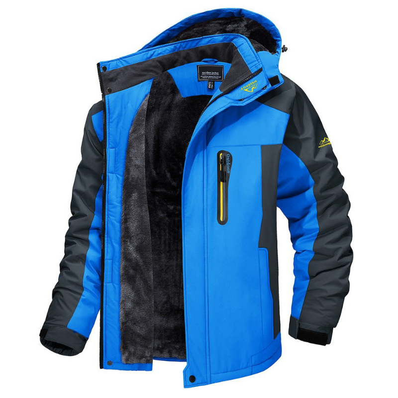 A men's waterproof jacket designed for outdoor use, featuring a durable insulated lining, multiple functional pockets, and an adjustable hood for maximum protection and comfort in harsh weather conditions.