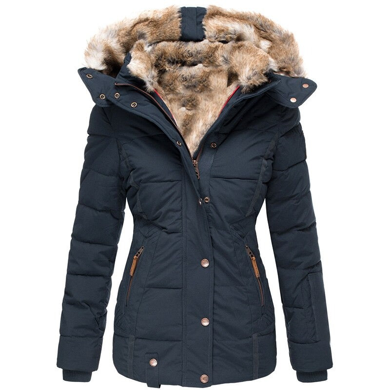 A women's insulated winter jacket featuring a functional design with a fur-lined hood, multiple pockets, and a flattering fit, ideal for cold-weather protection and stylish outdoor wear.