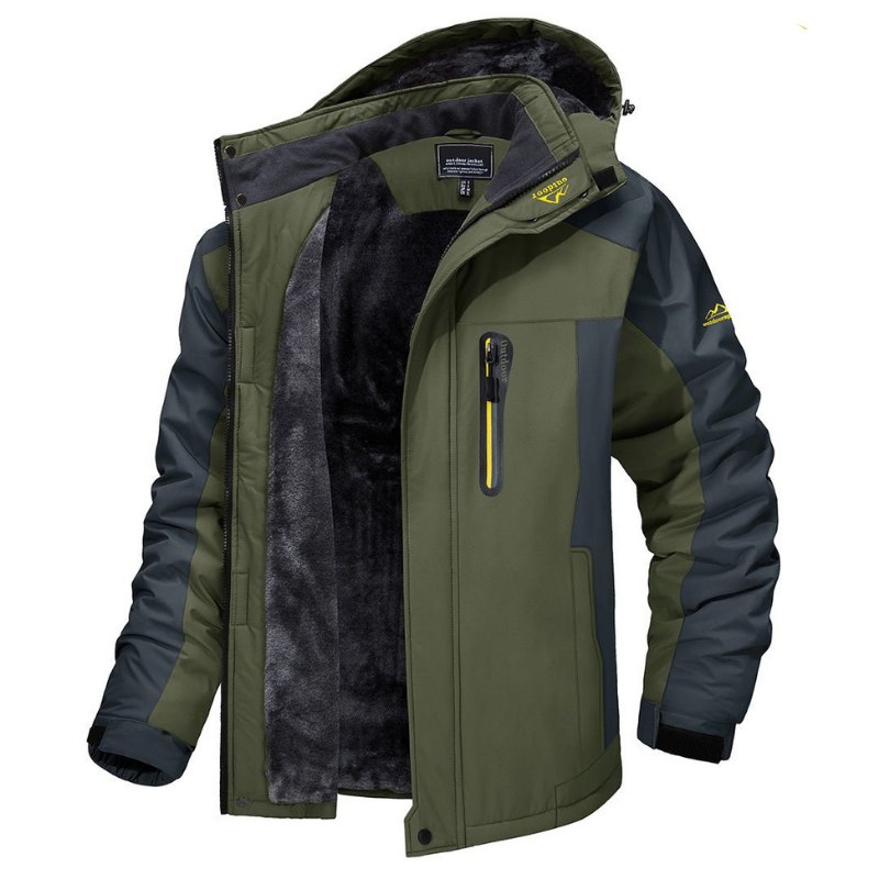 A men's waterproof jacket designed for outdoor use, featuring a durable insulated lining, multiple functional pockets, and an adjustable hood for maximum protection and comfort in harsh weather conditions.