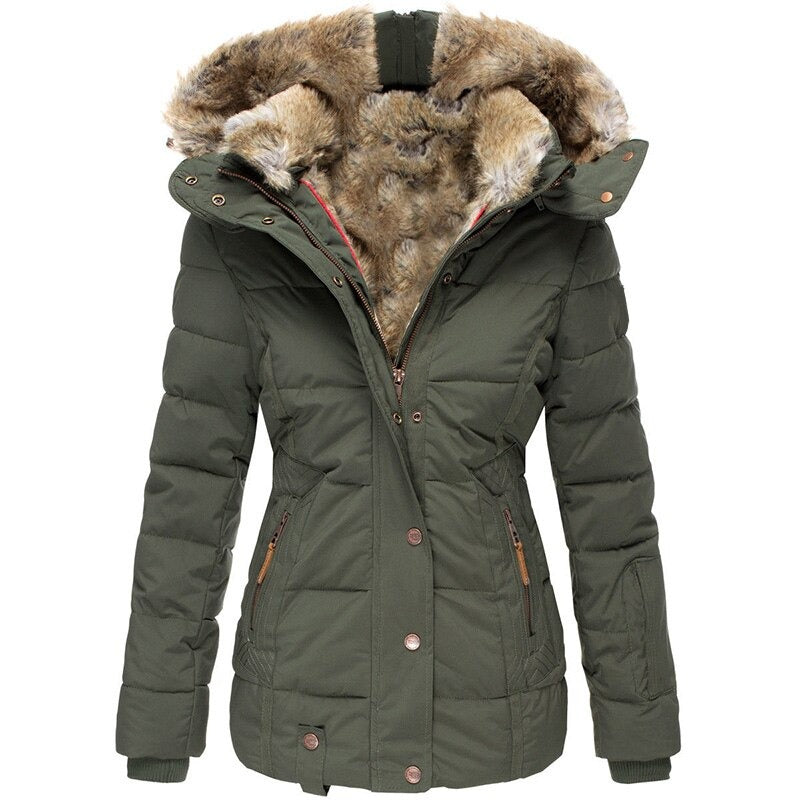 A women's insulated winter jacket featuring a functional design with a fur-lined hood, multiple pockets, and a flattering fit, ideal for cold-weather protection and stylish outdoor wear.