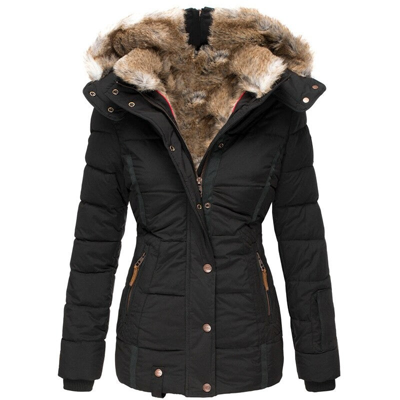 A women's insulated winter jacket featuring a functional design with a fur-lined hood, multiple pockets, and a flattering fit, ideal for cold-weather protection and stylish outdoor wear.