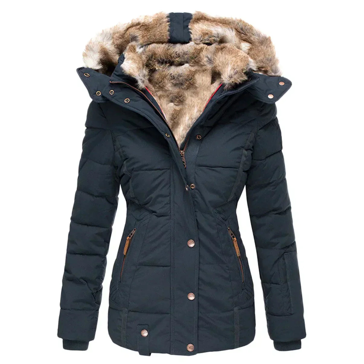 Stylish women's insulated jacket featuring a fur-lined hood, zip-up front, and multiple pockets, perfect for winter wear and outdoor adventures.