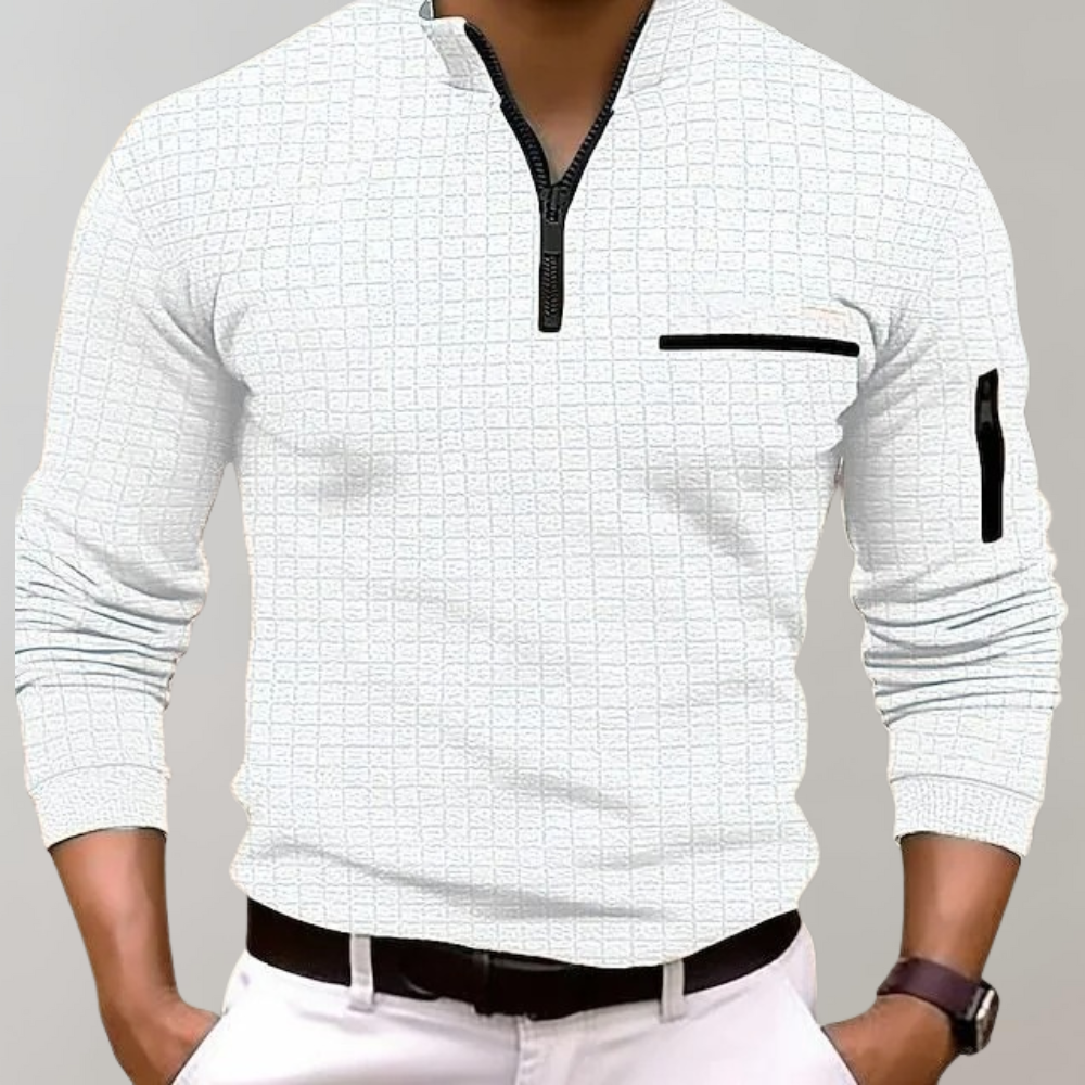 Men's stylish knit shirt with a versatile design featuring a modern zipper detail and functional pockets, ideal for both casual and semi-formal occasions.
