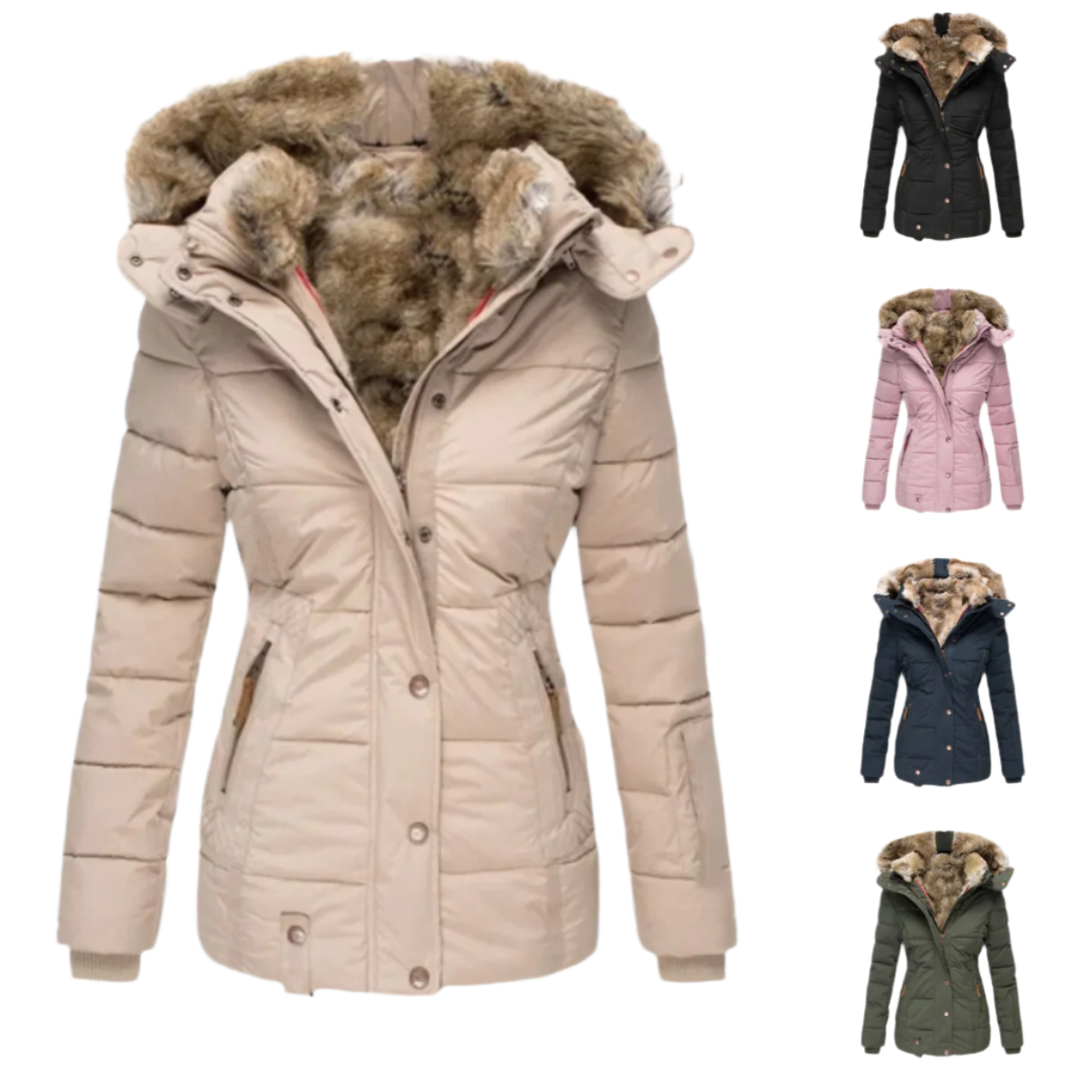 A women's puffer jacket featuring a cozy faux fur lining, a stylish hood, and secure zippered pockets, designed for warmth and comfort during winter outings.