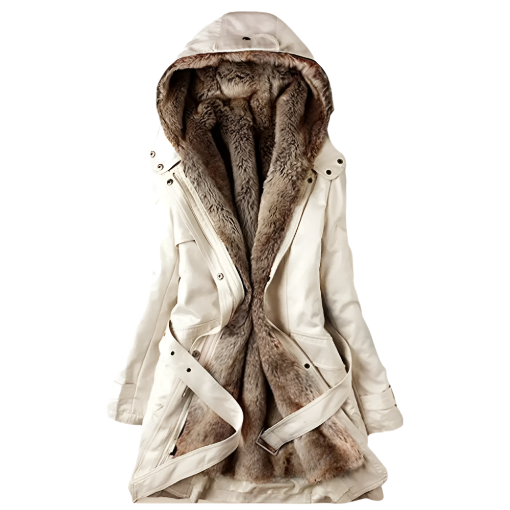 A women's faux fur-lined coat featuring a luxurious interior, a stylish hood, and a belt, designed for cozy warmth and elegant winter wear.