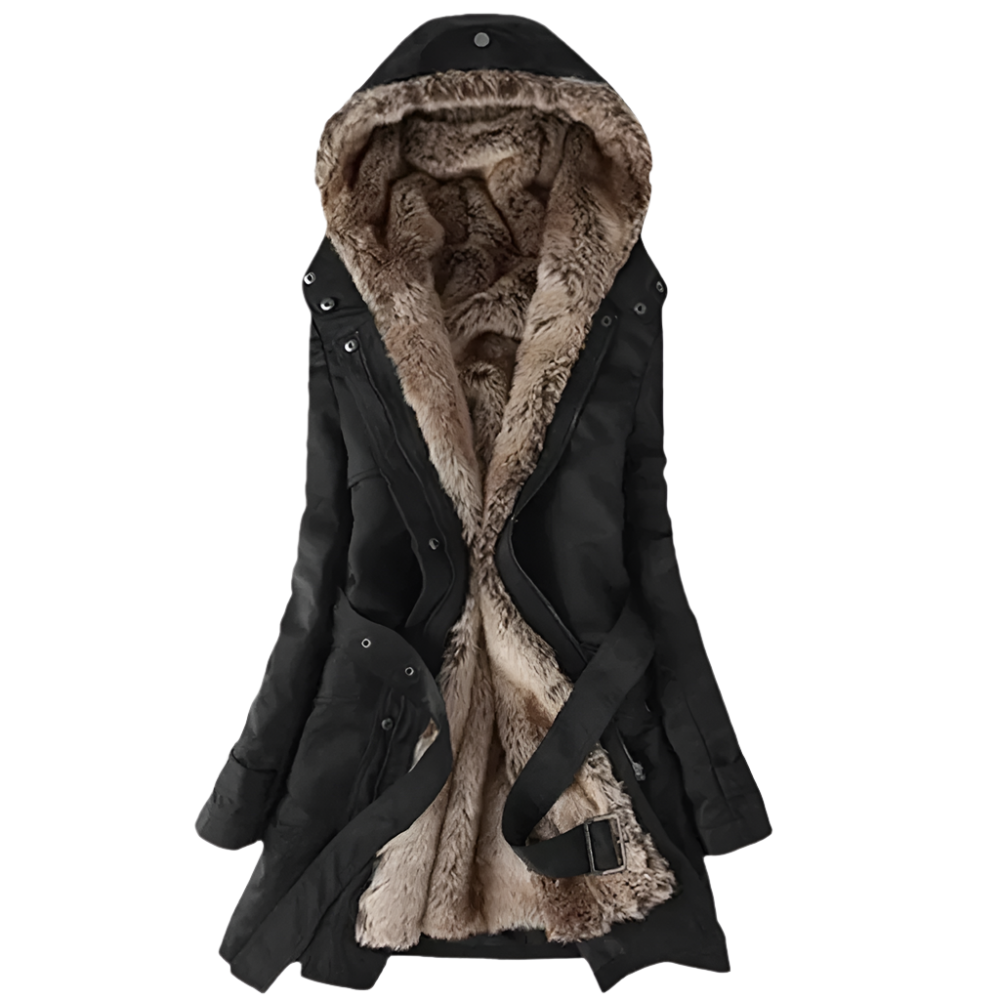 A women's faux fur-lined coat featuring a luxurious interior, a stylish hood, and a belt, designed for cozy warmth and elegant winter wear.