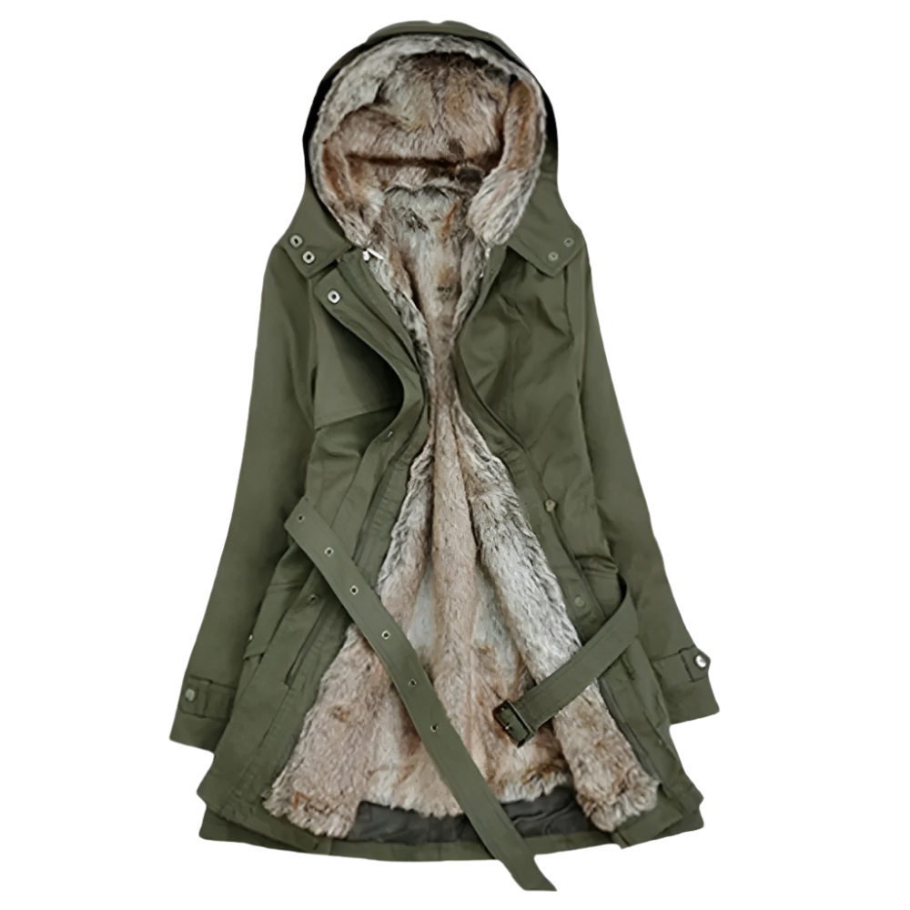 A women's faux fur-lined coat featuring a luxurious interior, a stylish hood, and a belt, designed for cozy warmth and elegant winter wear.
