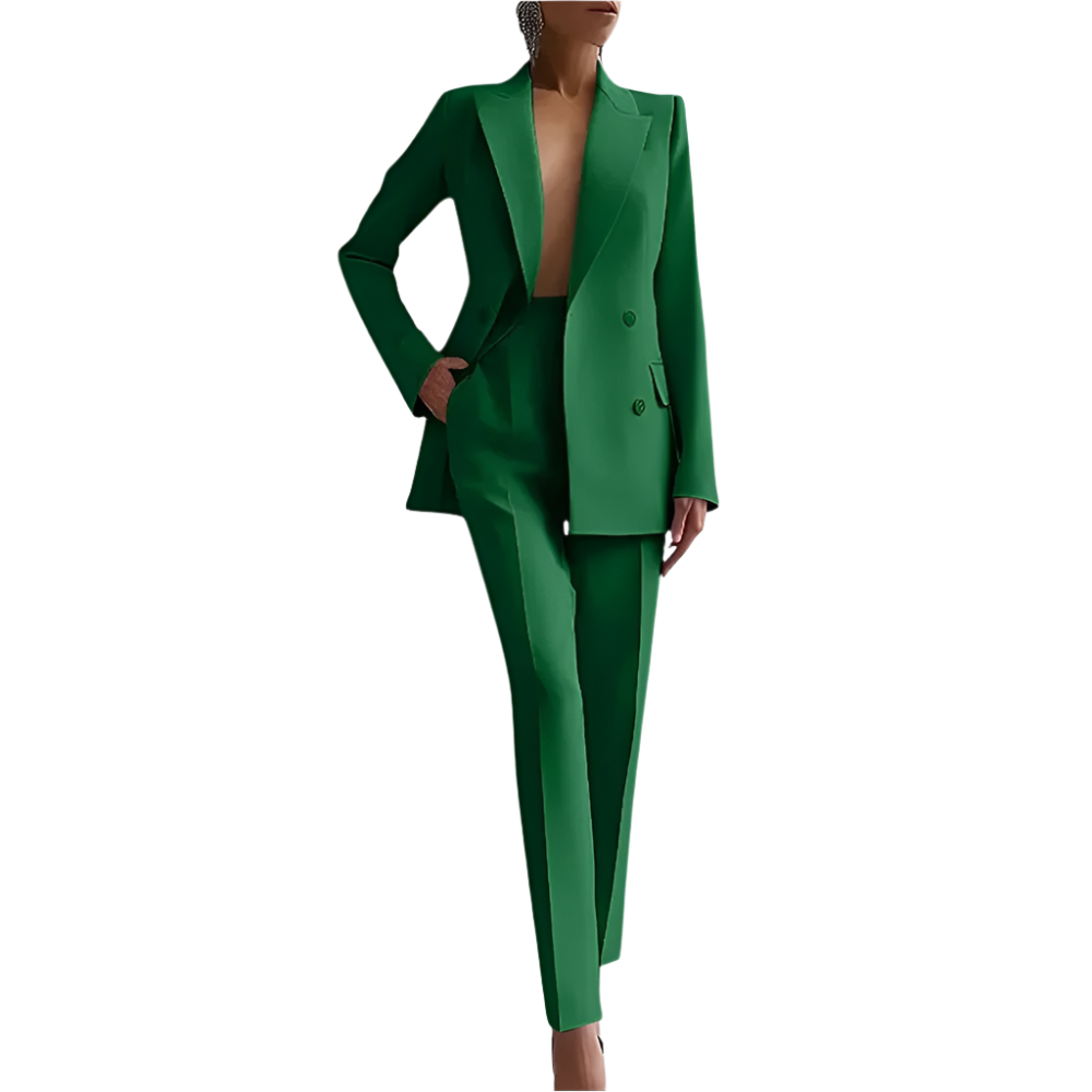 A women's tailored pantsuit featuring a sleek, sophisticated design with a double-breasted blazer and matching trousers, perfect for formal events, business meetings, or chic occasions.