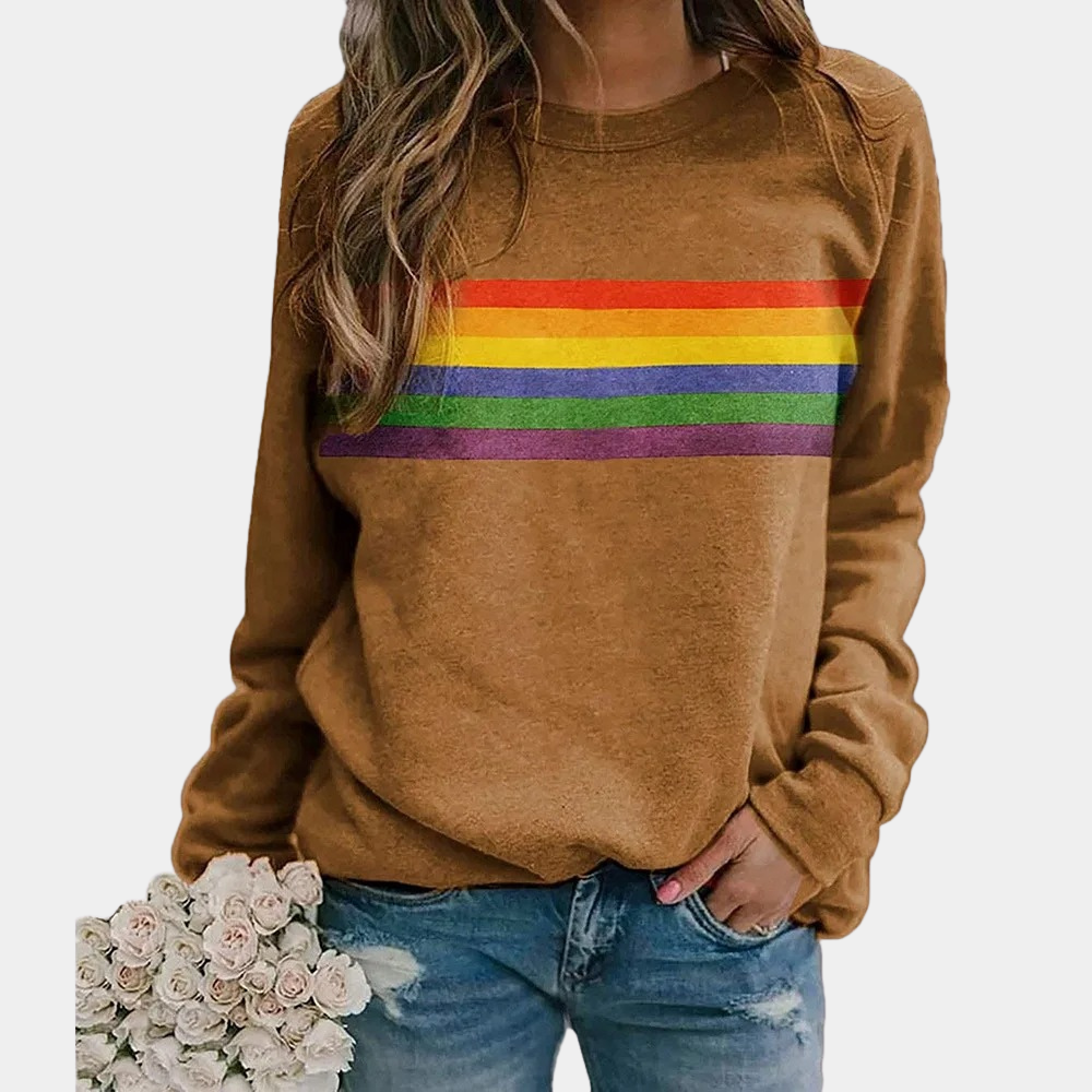 Women's striped sweatshirt with a casual fit, featuring a vibrant horizontal stripe design, styled with distressed jeans and accessorized with a bouquet.