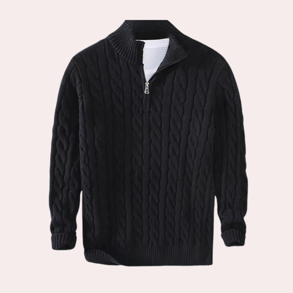 A men's cable knit sweater featuring a classic design with a zip-up collar, tailored for warmth and style, perfect for casual wear or layering in colder weather.