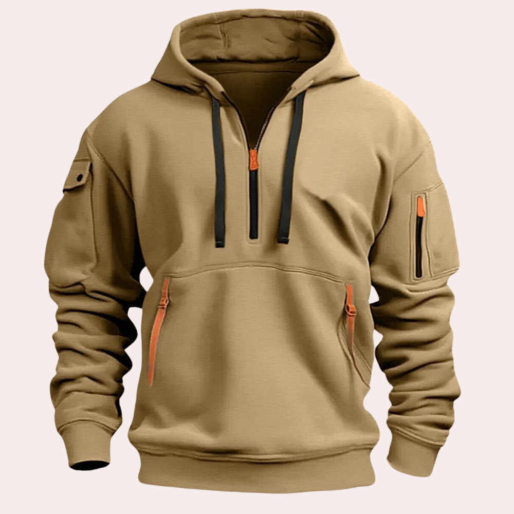 Stylish men's hoodie featuring a functional design with zippers, adjustable drawstrings, and multiple pockets for practicality and modern appeal.
