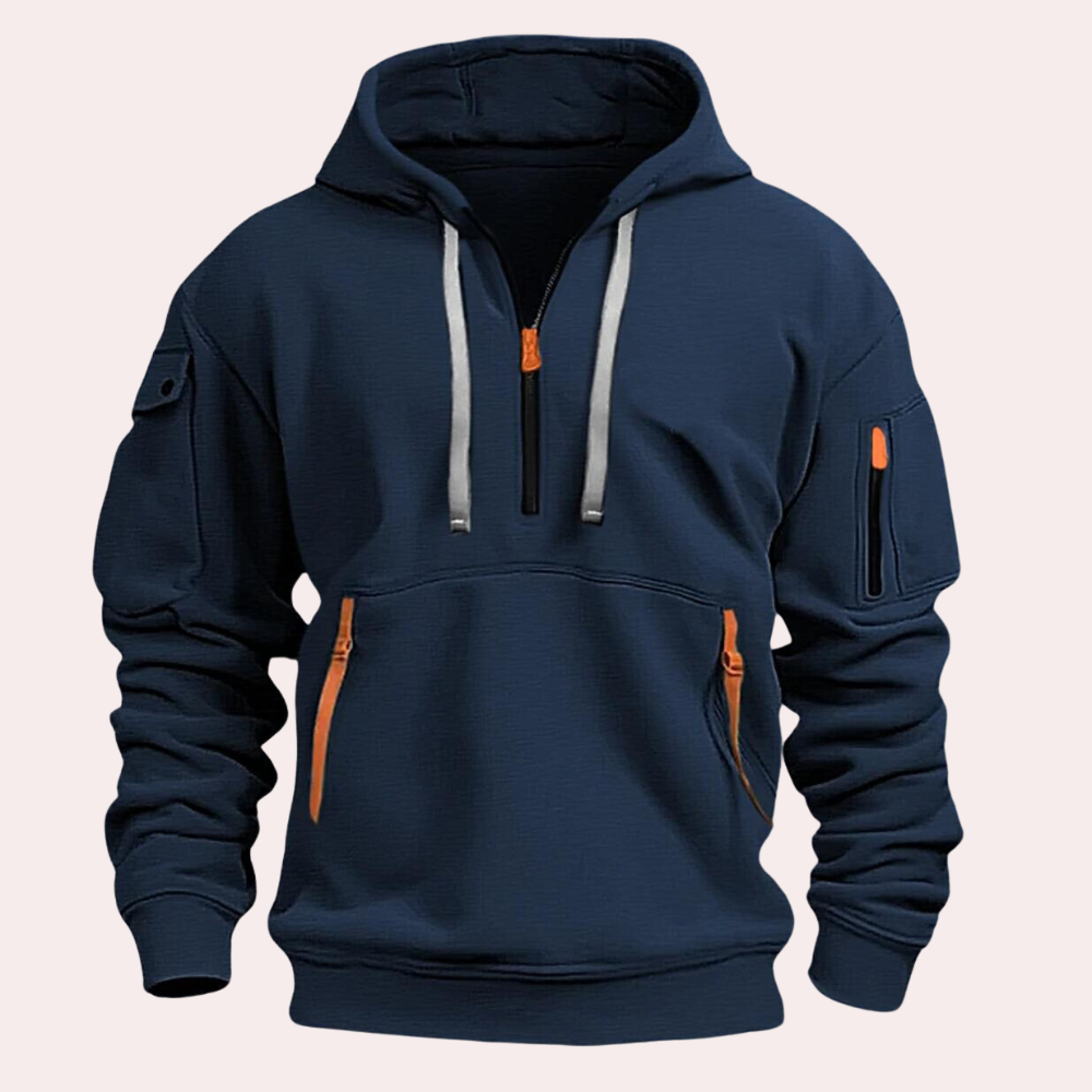 Stylish men's hoodie featuring a functional design with zippers, adjustable drawstrings, and multiple pockets for practicality and modern appeal.