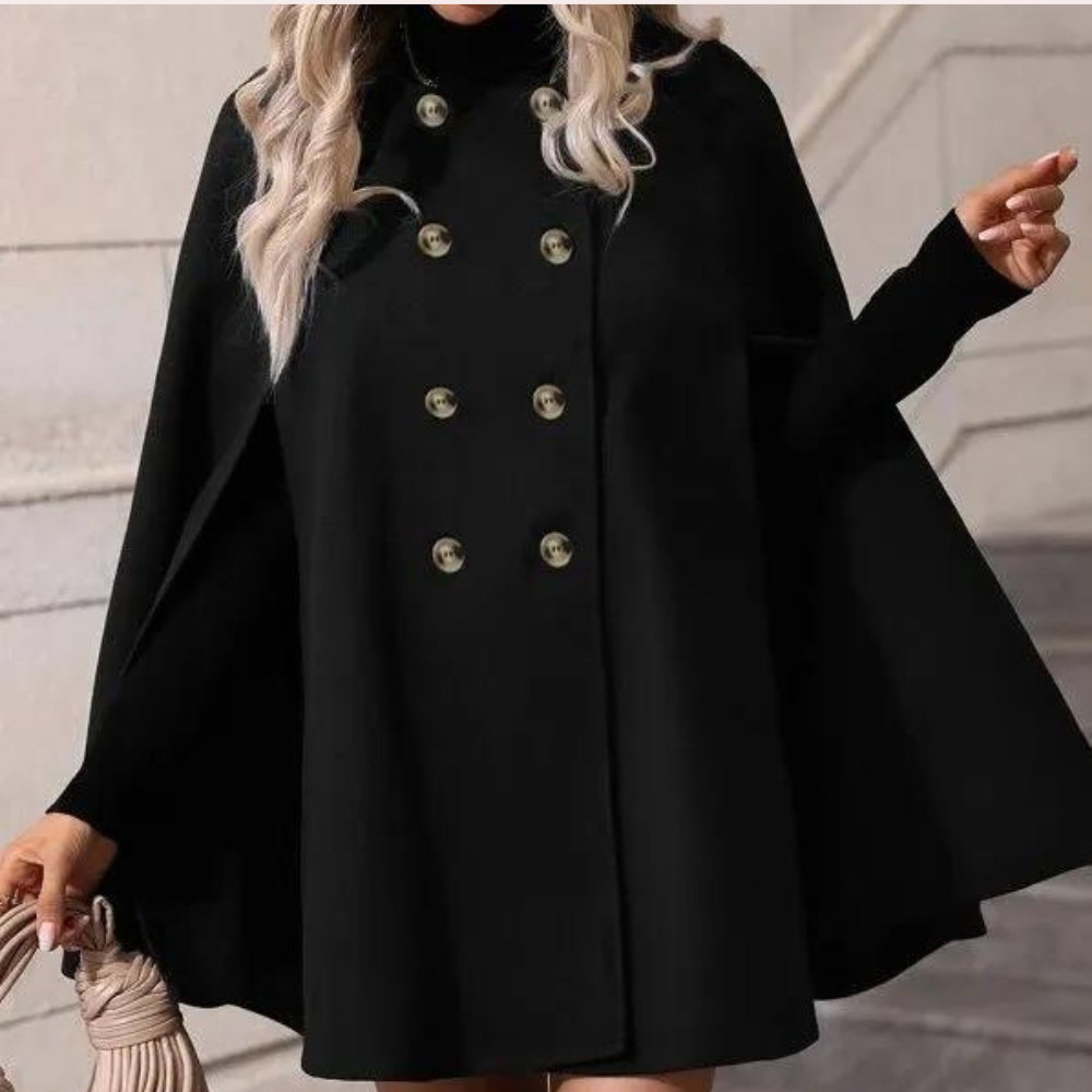 Chic women's cape coat with a sophisticated design featuring double-breasted buttons and a flowing silhouette, perfect for formal or casual occasions.