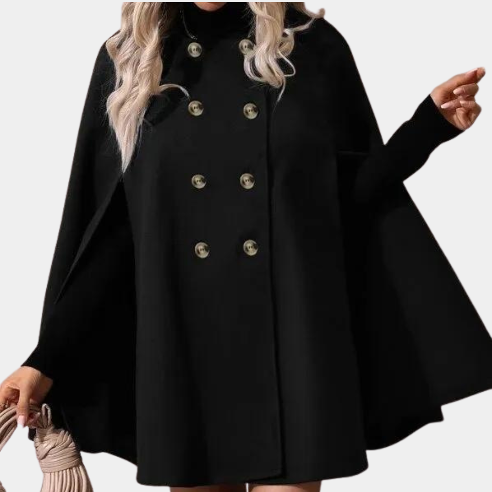 Chic women's cape coat with a sophisticated design featuring double-breasted buttons and a flowing silhouette, perfect for formal or casual occasions.