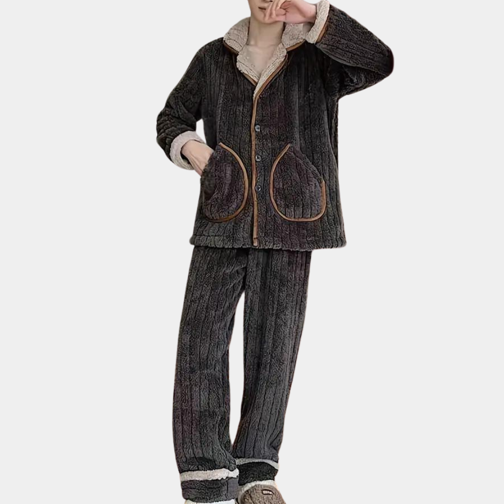 Cozy men's loungewear set featuring a button-up top with pockets and matching relaxed-fit pants, perfect for comfort and casual homewear.