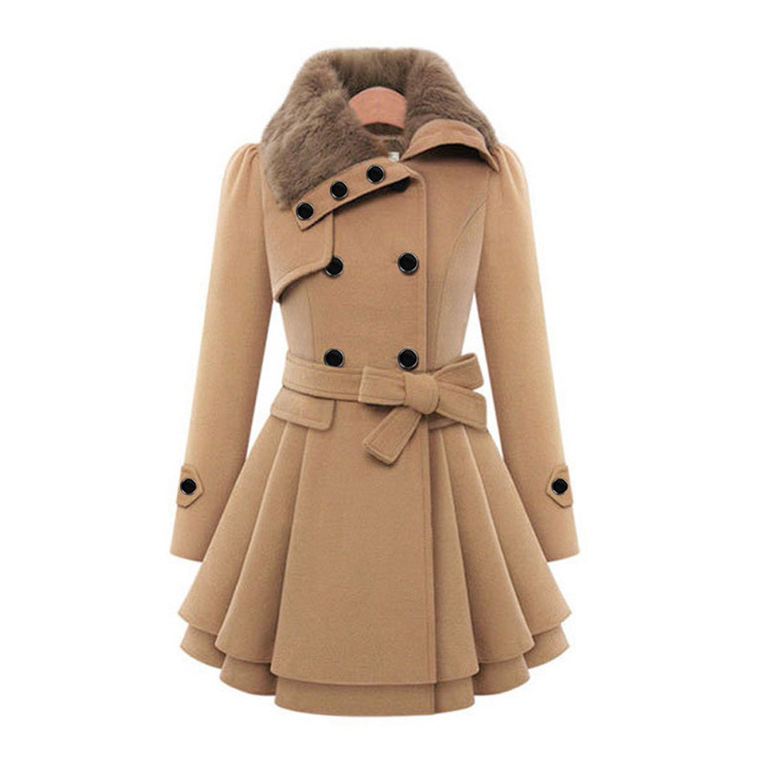 A women's flared coat featuring an elegant design with a double-breasted front, tailored waist, and luxurious details, perfect for adding sophistication and style to any outfit.