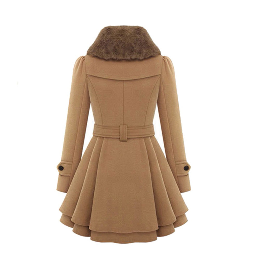 A women's flared coat featuring an elegant design with a double-breasted front, tailored waist, and luxurious details, perfect for adding sophistication and style to any outfit.