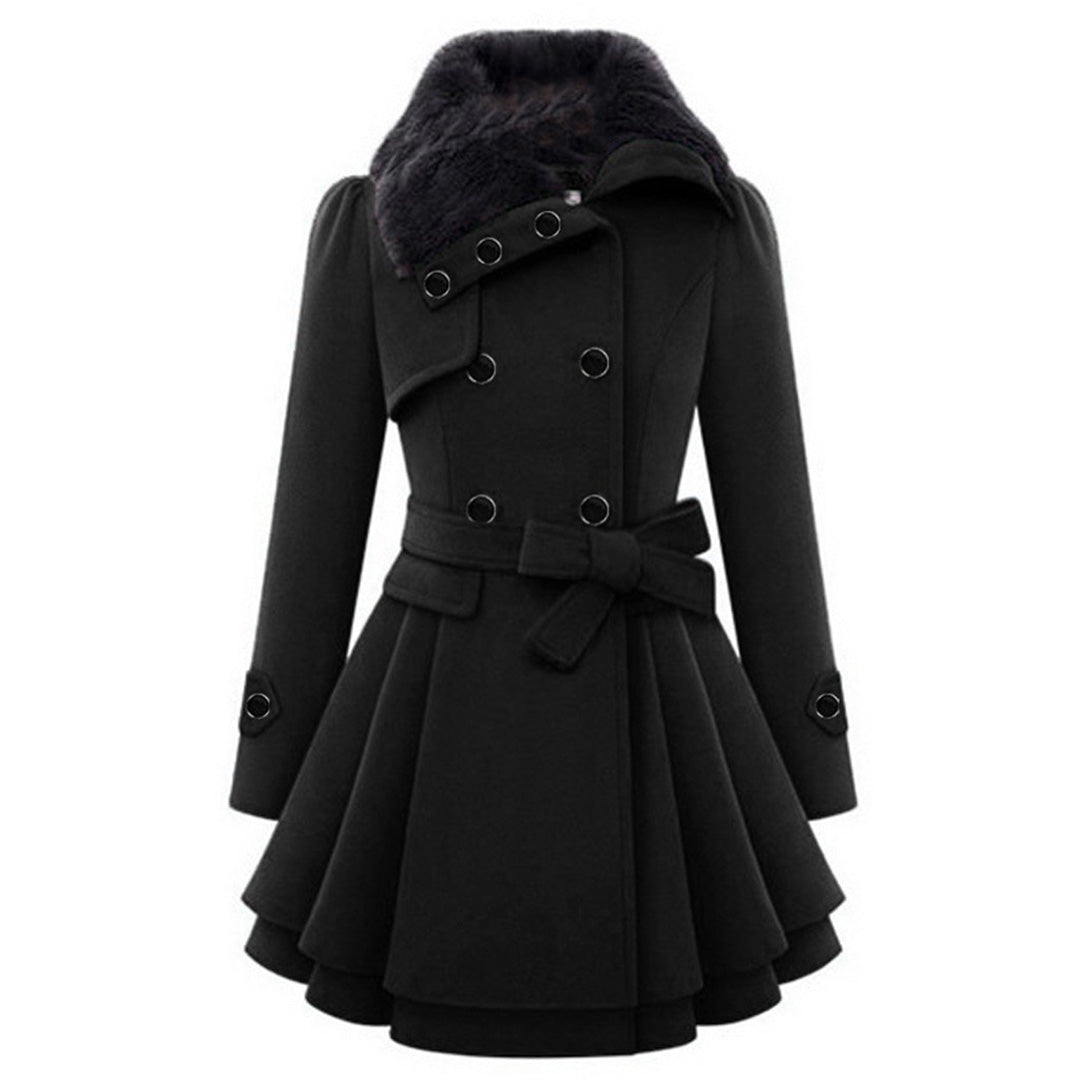 A women's flared coat featuring an elegant design with a double-breasted front, tailored waist, and luxurious details, perfect for adding sophistication and style to any outfit.