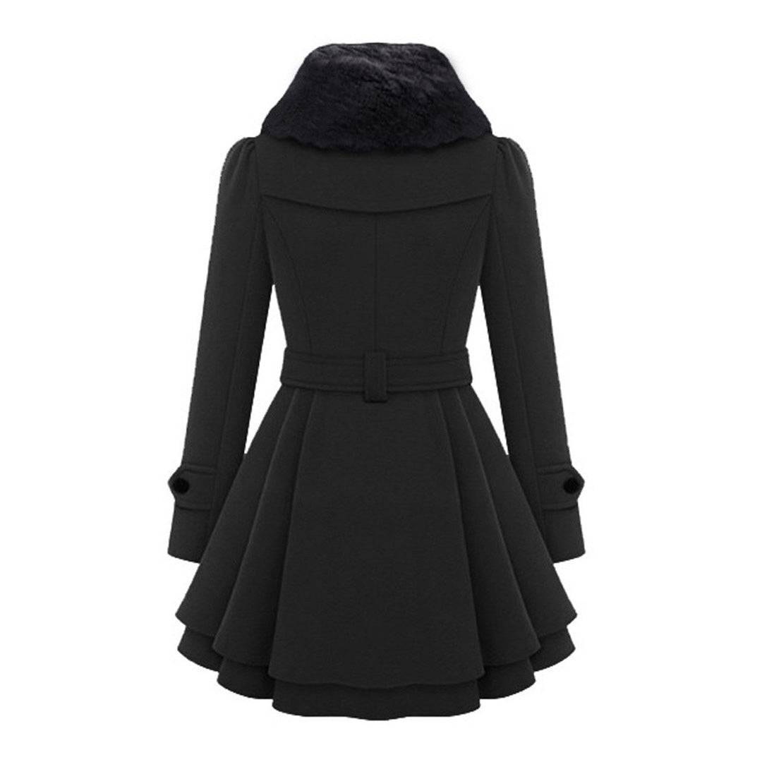 A women's flared coat featuring an elegant design with a double-breasted front, tailored waist, and luxurious details, perfect for adding sophistication and style to any outfit.