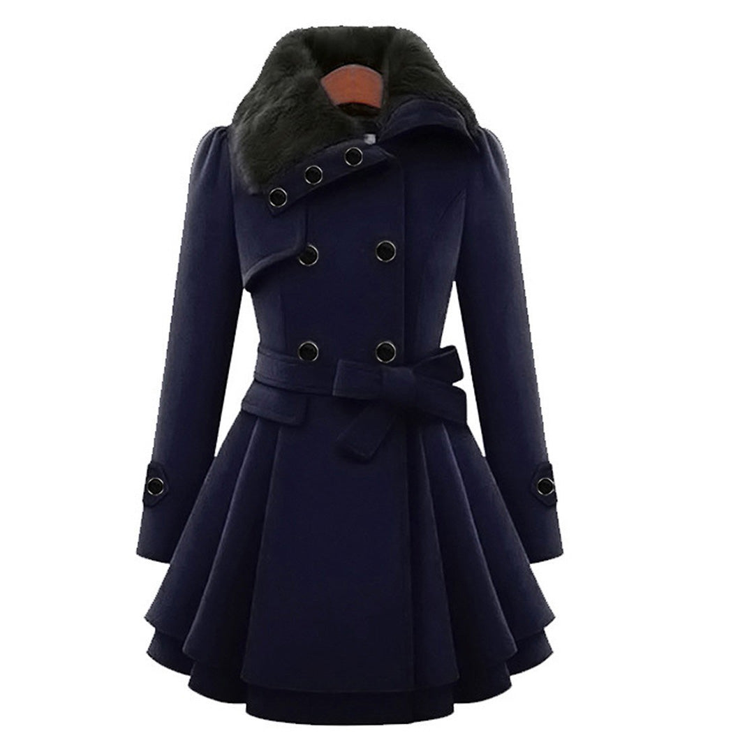 A women's flared coat featuring an elegant design with a double-breasted front, tailored waist, and luxurious details, perfect for adding sophistication and style to any outfit.