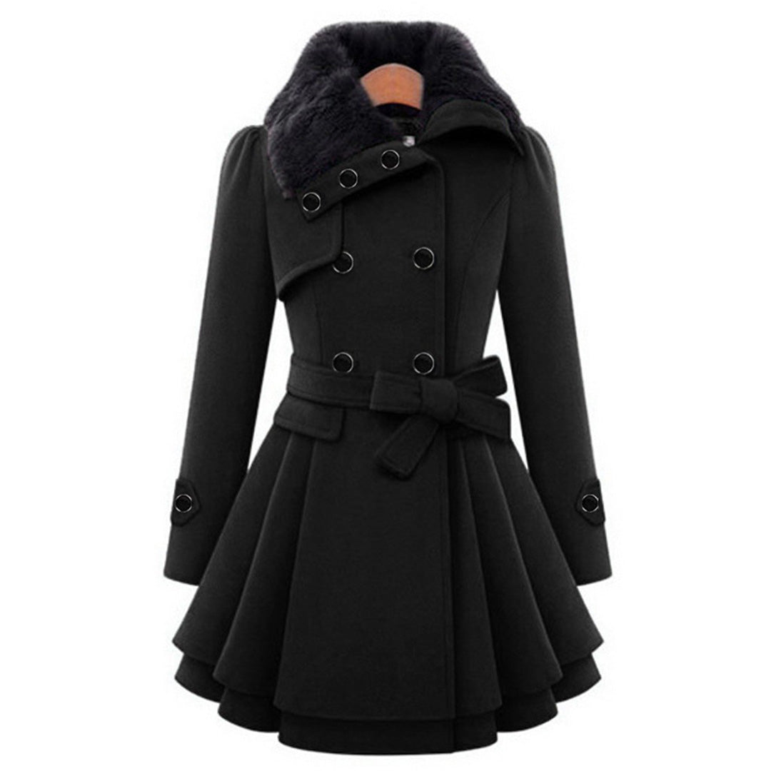 A women's flared coat featuring an elegant design with a double-breasted front, tailored waist, and luxurious details, perfect for adding sophistication and style to any outfit.