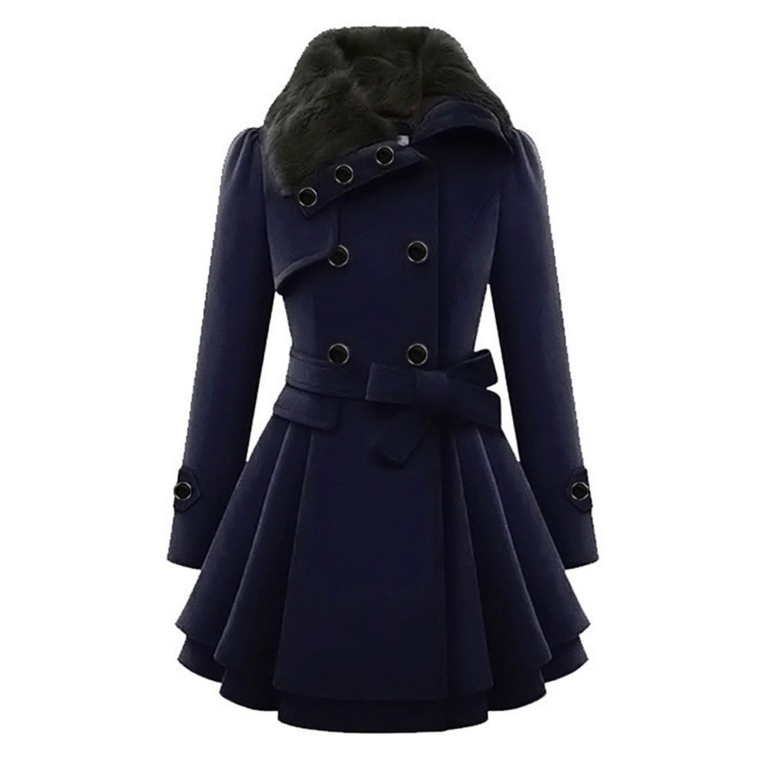 A women's flared coat featuring an elegant design with a double-breasted front, tailored waist, and luxurious details, perfect for adding sophistication and style to any outfit.