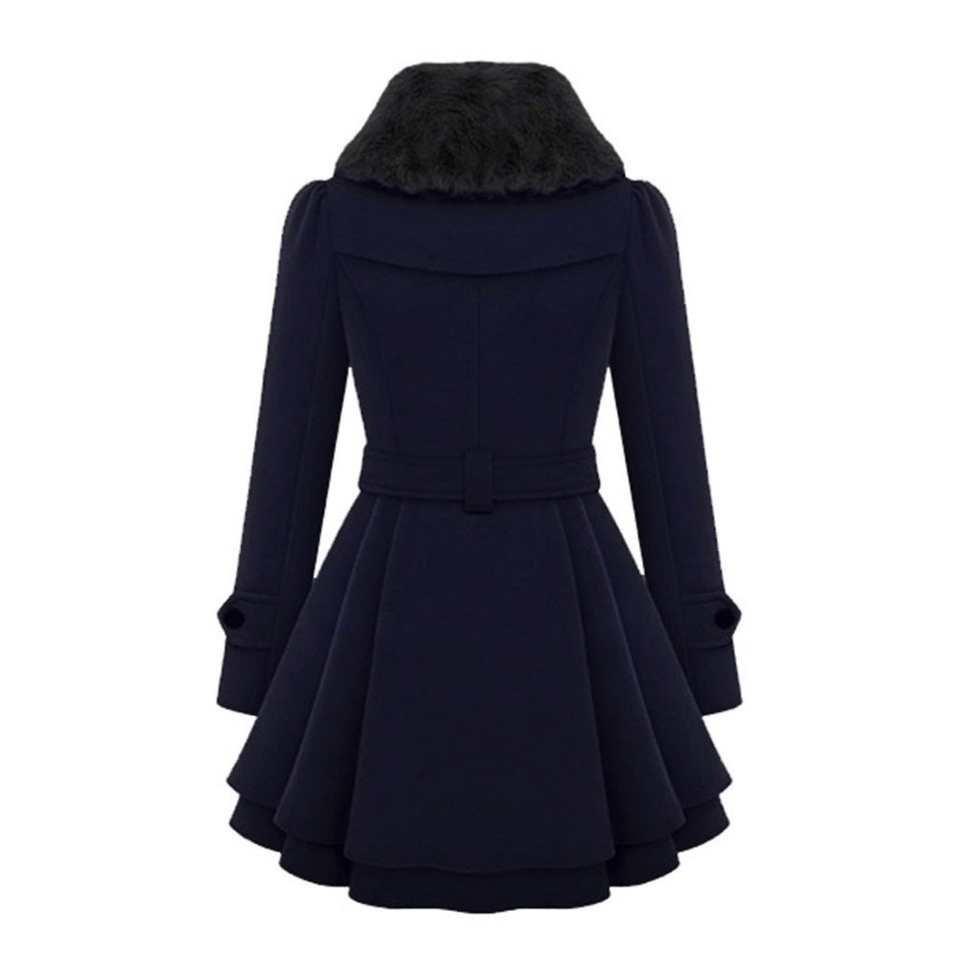 A women's flared coat featuring an elegant design with a double-breasted front, tailored waist, and luxurious details, perfect for adding sophistication and style to any outfit.