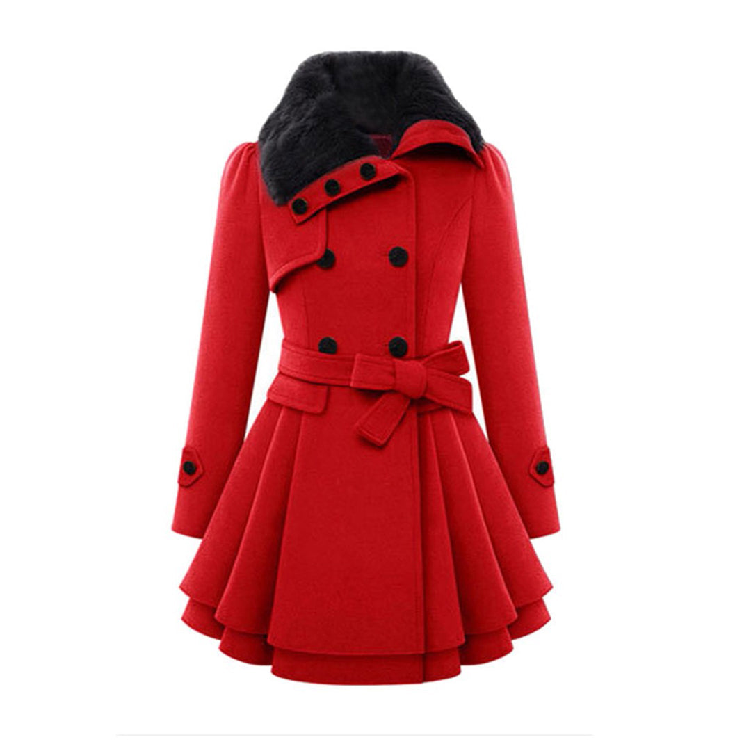 A women's flared coat featuring an elegant design with a double-breasted front, tailored waist, and luxurious details, perfect for adding sophistication and style to any outfit.