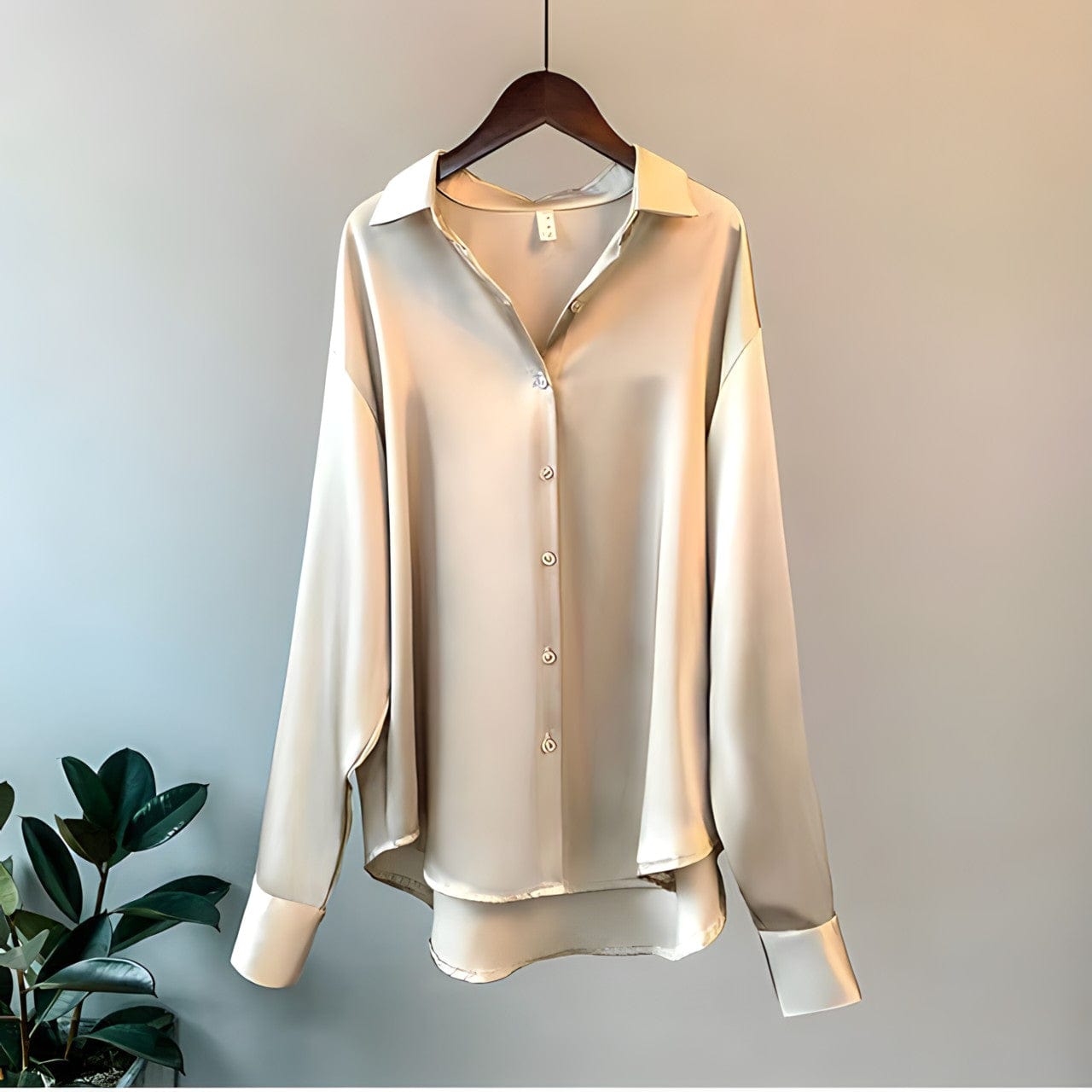 A stylish women's flowing button-up shirt with an elegant design, featuring a relaxed fit and sleek details, perfect for office wear or casual outings.