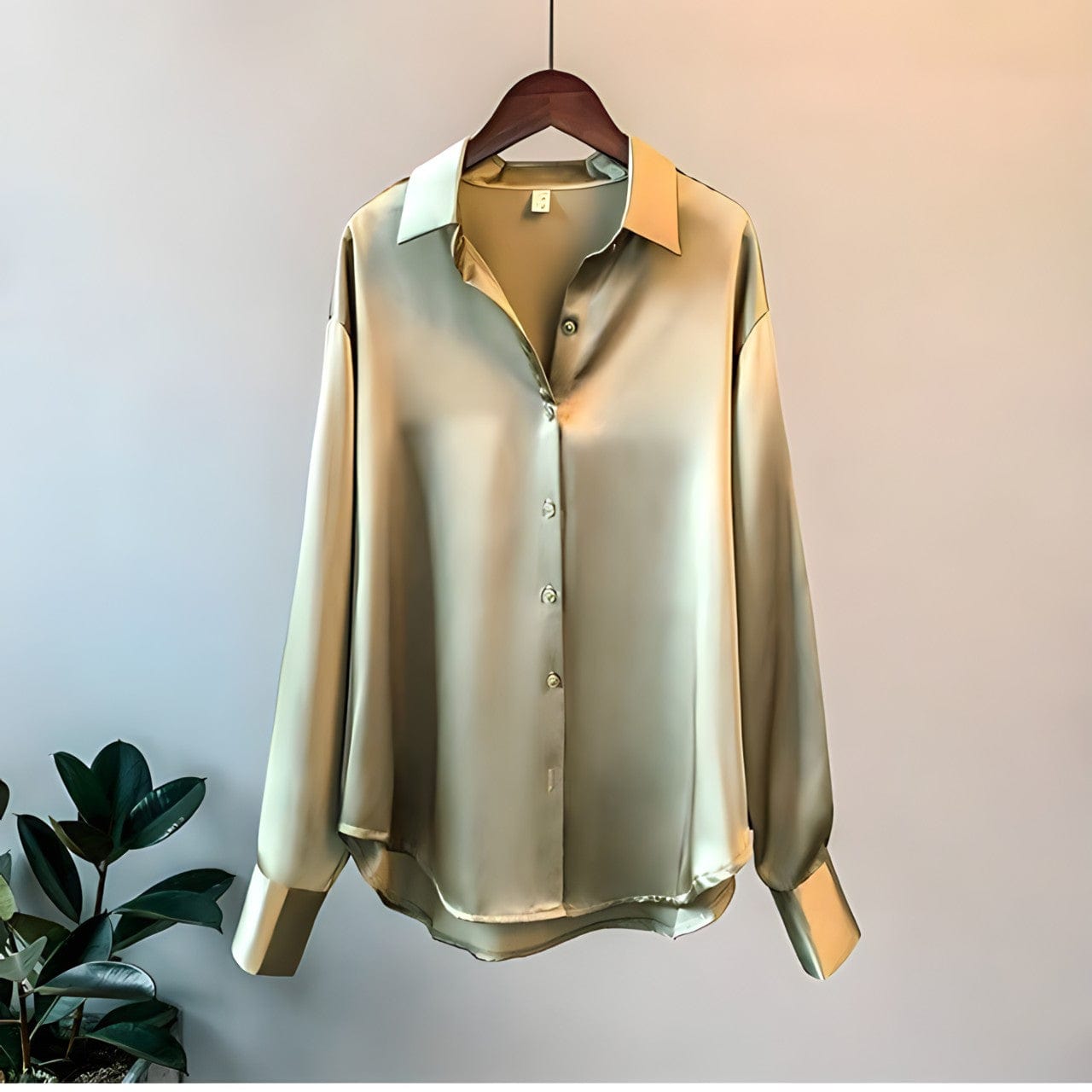 A stylish women's flowing button-up shirt with an elegant design, featuring a relaxed fit and sleek details, perfect for office wear or casual outings.