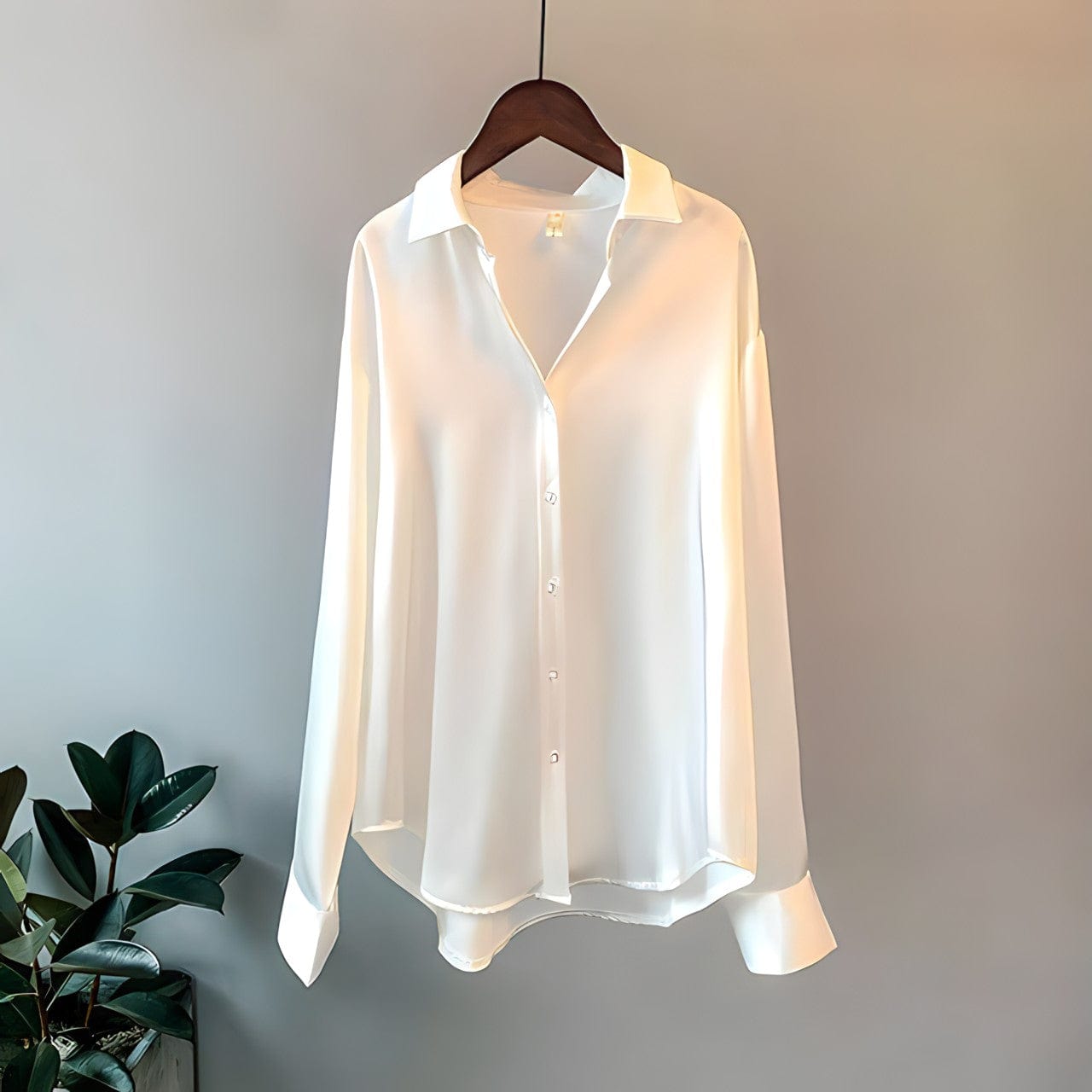 A stylish women's flowing button-up shirt with an elegant design, featuring a relaxed fit and sleek details, perfect for office wear or casual outings.