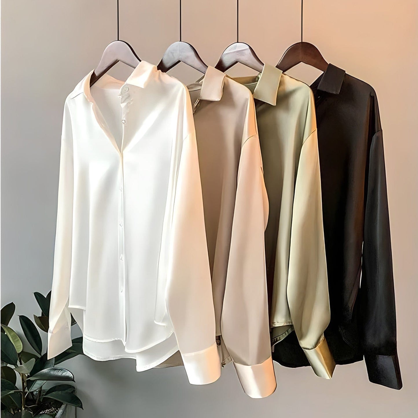 A stylish women's flowing button-up shirt with an elegant design, featuring a relaxed fit and sleek details, perfect for office wear or casual outings.