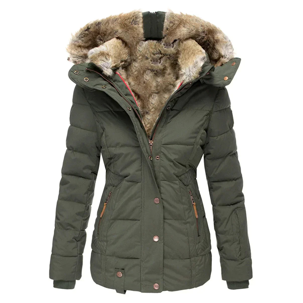 Stylish women's insulated jacket featuring a fur-lined hood, zip-up front, and multiple pockets, perfect for winter wear and outdoor adventures.