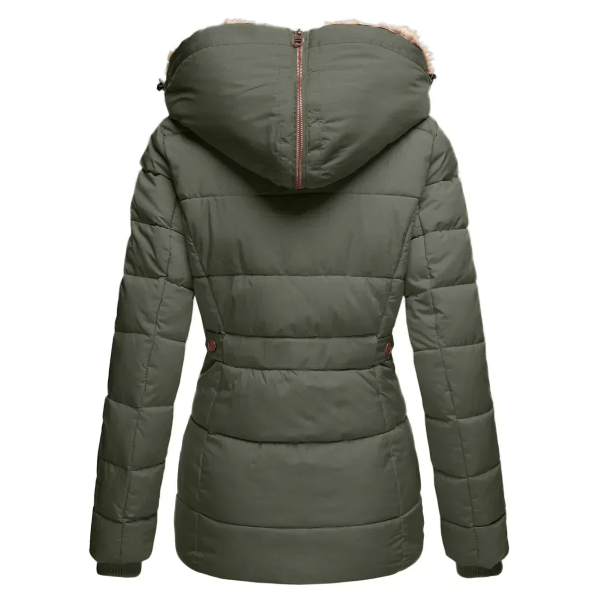 Stylish women's insulated jacket featuring a fur-lined hood, zip-up front, and multiple pockets, perfect for winter wear and outdoor adventures.