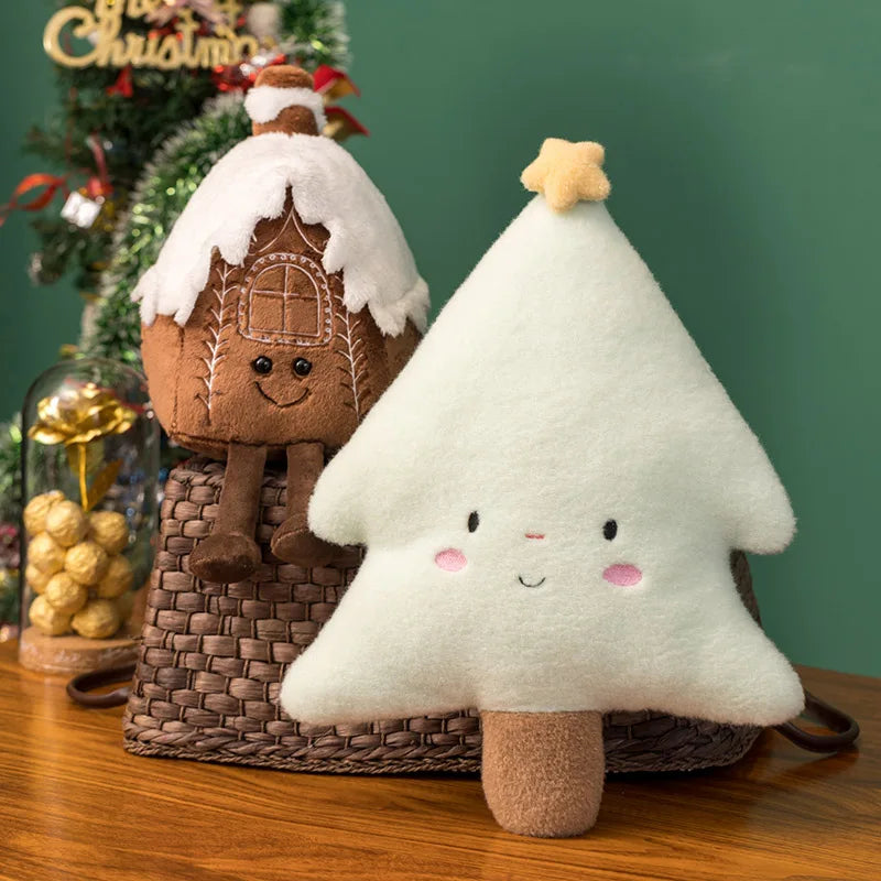 Festive plush toy set featuring a Christmas tree, gingerbread house, wreath, and gingerbread figure, displayed in a cozy holiday-themed setting with wrapped gifts and decorations.